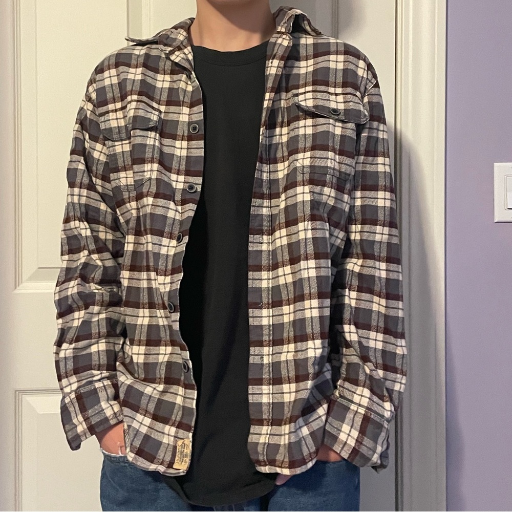 GREY RED WHITE PLAID FLANNEL BUTTON UP JACKET